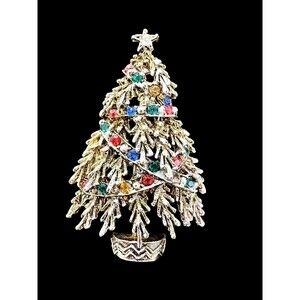 VTG ART signed Christmas Tree Multicolor Rhinestone Brooch Garland Gold Snow Pin